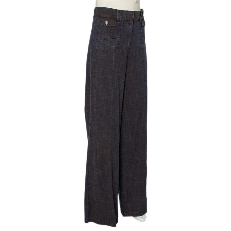 Pre Owned Chanel Vintage Midnight Blue Wide Leg Paneled Jeans L