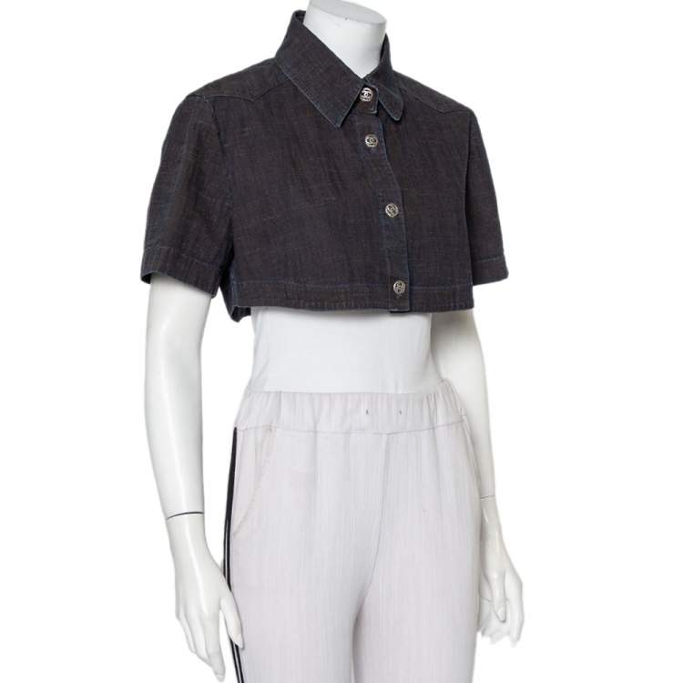 Pre Owned Chanel Vintage Midnight Blue Denim Cropped Jacket L