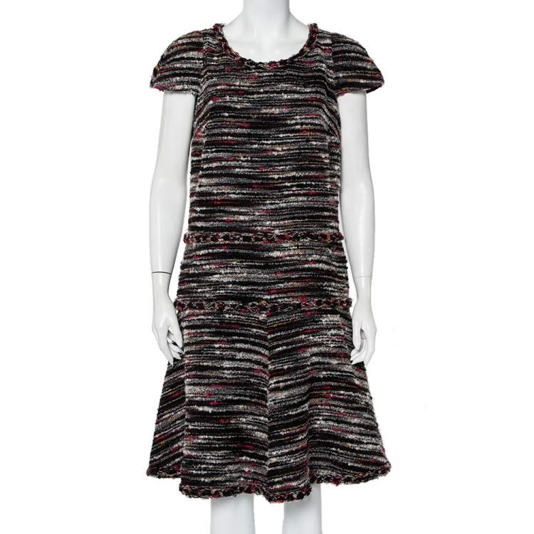 Pre Owned Chanel Black Boucle Midi Dress L