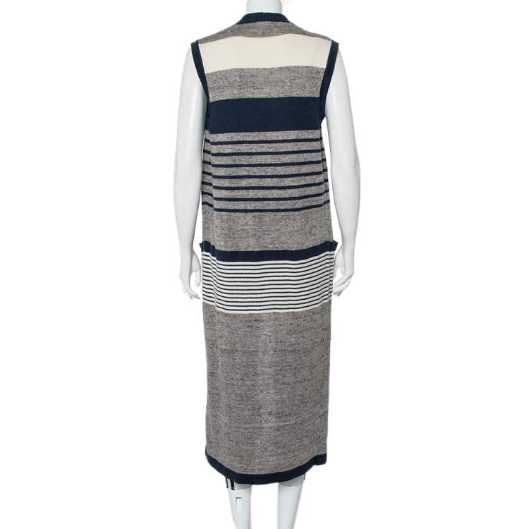 Pre Owned Chanel Striped Linen and Cashmere Knit Sleeveless Oversized Long Cardigan S
