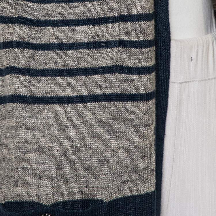 Pre Owned Chanel Striped Linen and Cashmere Knit Sleeveless Oversized Long Cardigan S
