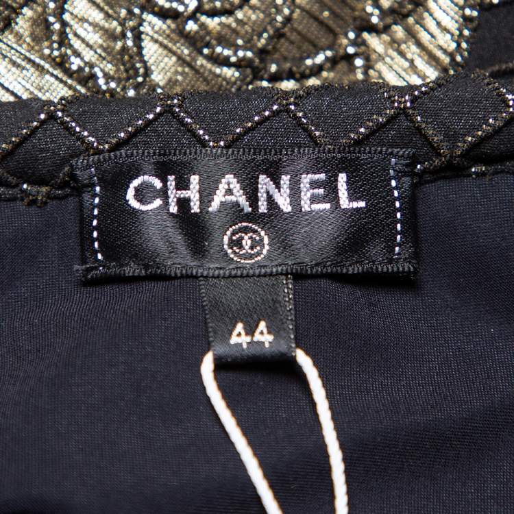 Pre Owned Chanel Black & Gold Floral Stretch Jersey Crewneck Top L