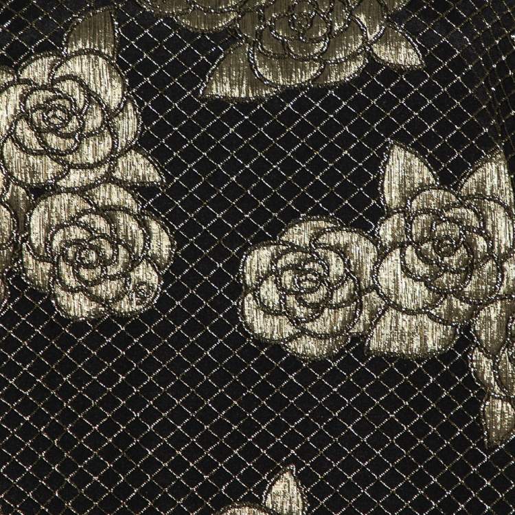 Pre Owned Chanel Black & Gold Floral Stretch Jersey Crewneck Top L