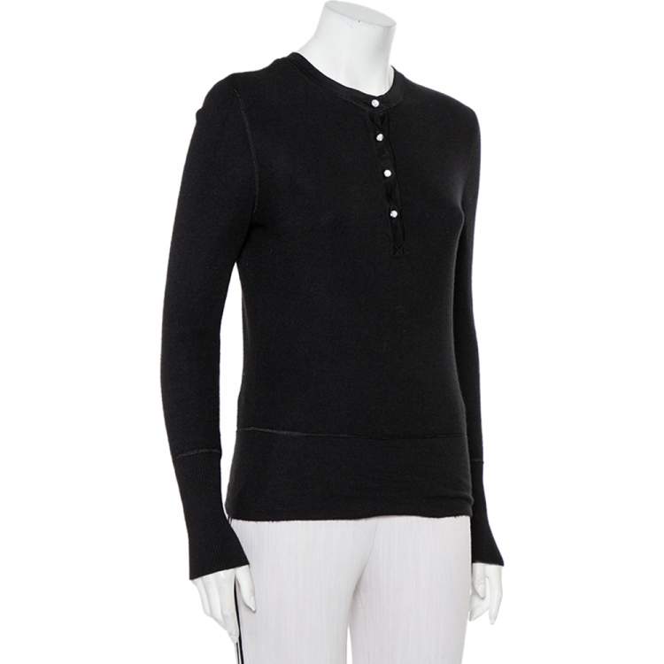 Pre Owned Chanel Black Cashmere & Silk Button Front Sweater M