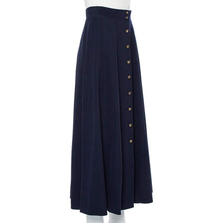 Pre Owned Chanel Boutique Navy Blue Wool Button Front Detail Midi Skirt L