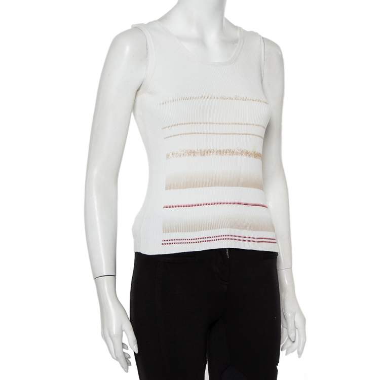 Pre Owned Chanel White Printed Rib Knit Tank Top L