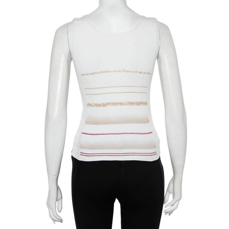 Pre Owned Chanel White Printed Rib Knit Tank Top L