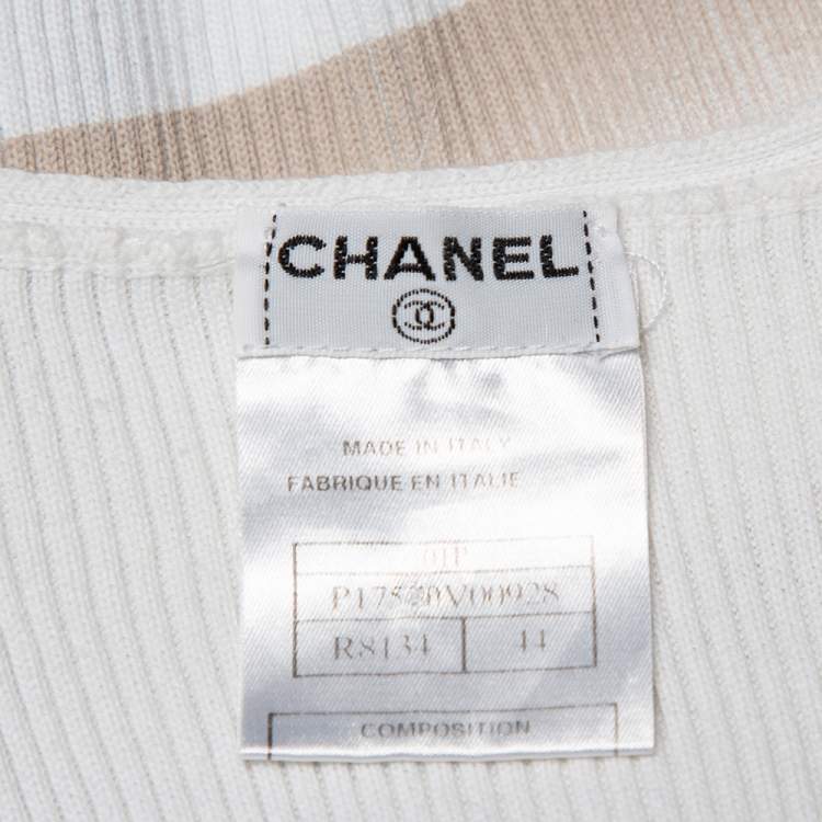 Pre Owned Chanel White Printed Rib Knit Tank Top L