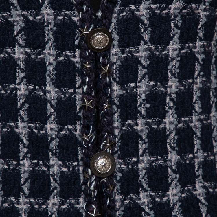 Pre Owned Chanel Navy Blue Tweed Star Embellished Button Front Jacket S