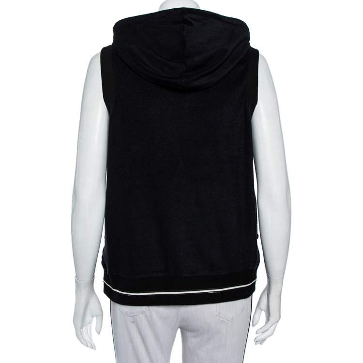 Pre Owned Chanel Black Velour Zip Front Sleeveless Hooded Sweatshirt L