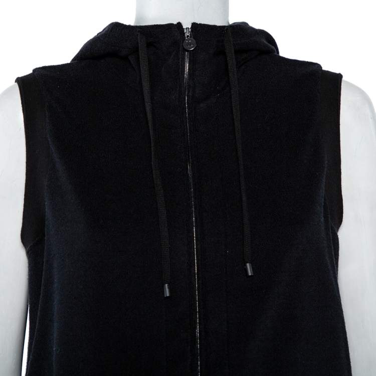 Pre Owned Chanel Black Velour Zip Front Sleeveless Hooded Sweatshirt L