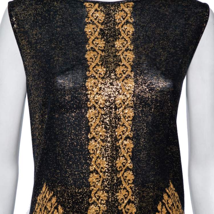Pre Owned Chanel Black & Gold Printed Jacquard Knit Sleeveless Shift Dress L