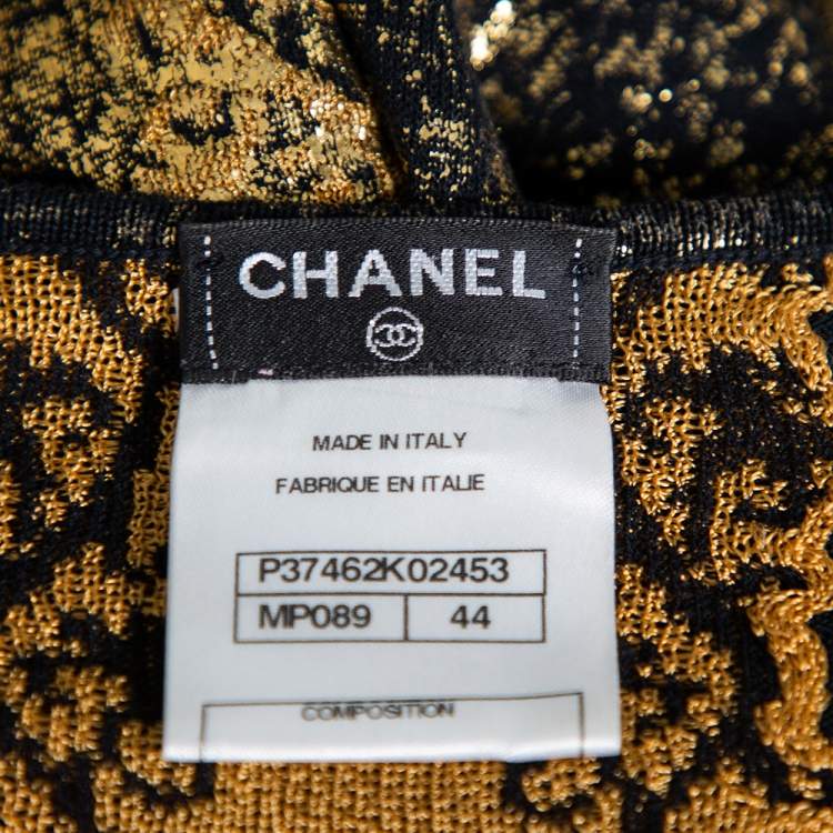Pre Owned Chanel Black & Gold Printed Jacquard Knit Sleeveless Shift Dress L