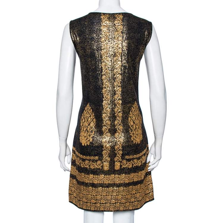 Pre Owned Chanel Black & Gold Printed Jacquard Knit Sleeveless Shift Dress L