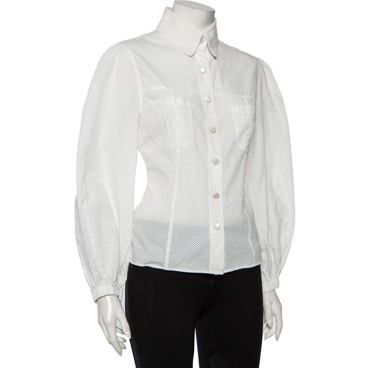Chanel White Perforated Cotton Button Front Shirt L Chanel