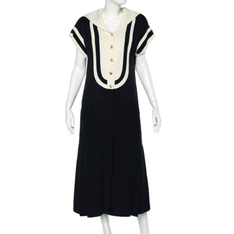 Chanel Vintage Monochrome Crepe Collar Overlay Detail Button Front Dress M  Chanel