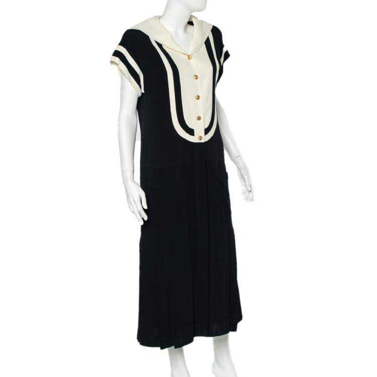 Chanel Vintage Monochrome Crepe Collar Overlay Detail Button Front