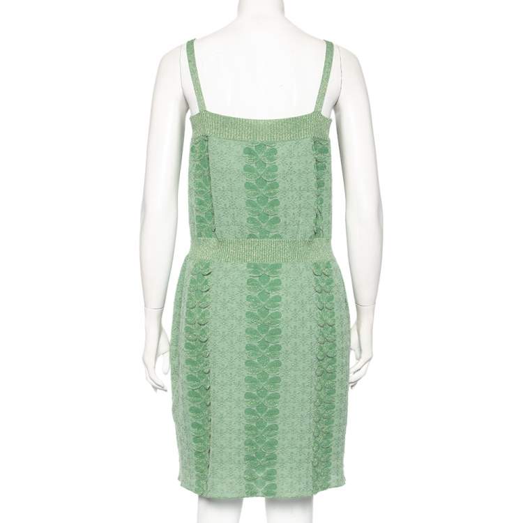 Pre Owned Chanel Green Patterned Lurex Knit Ribbed Trim Short Dress M 
