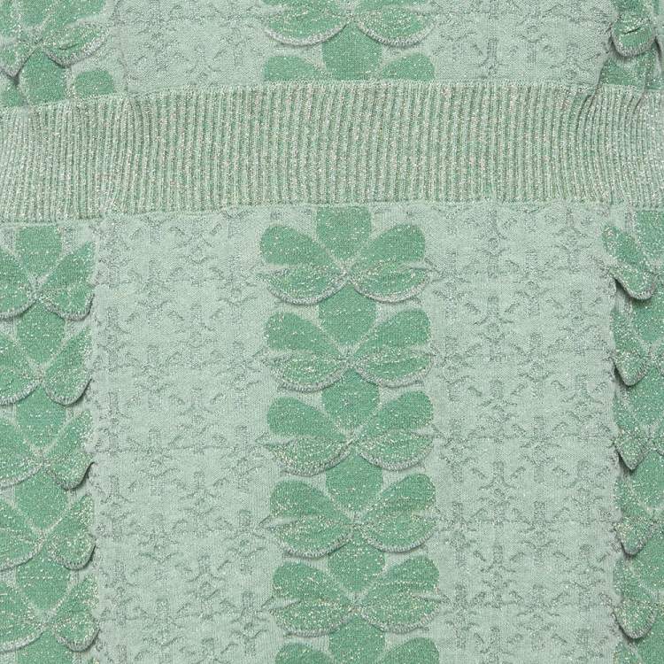 Pre Owned Chanel Green Patterned Lurex Knit Ribbed Trim Short Dress M 