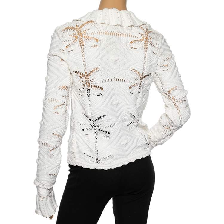 Pre Owned Chanel White Crochet Knit Buttoned Neck Detail Long Sleeve Cardigan M
