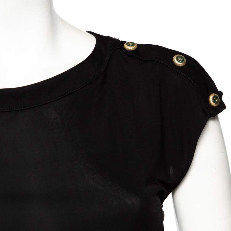 Pre Owned Chanel Black Jersey Buttoned Shoulder Detail Round Neck Top S