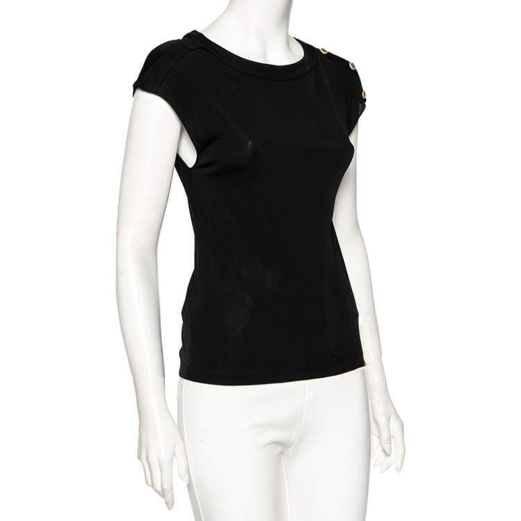 Pre Owned Chanel Black Jersey Buttoned Shoulder Detail Round Neck Top S