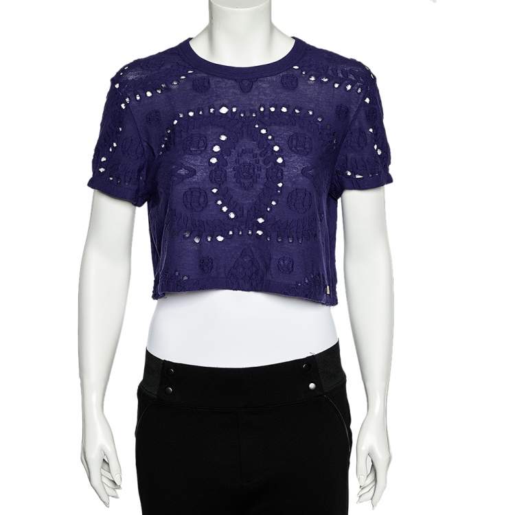 Pre Owned Chanel Navy Blue Perforated Knit Crop Top M