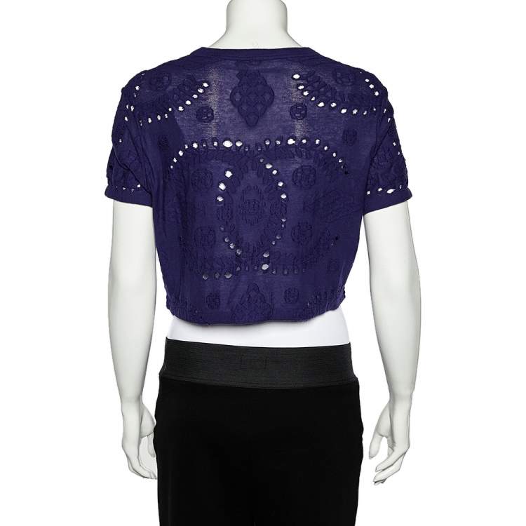 Pre Owned Chanel Navy Blue Perforated Knit Crop Top M