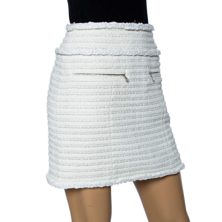 Chanel Off White Boucle Knit Contrast Braided Detailed Mini Skirt