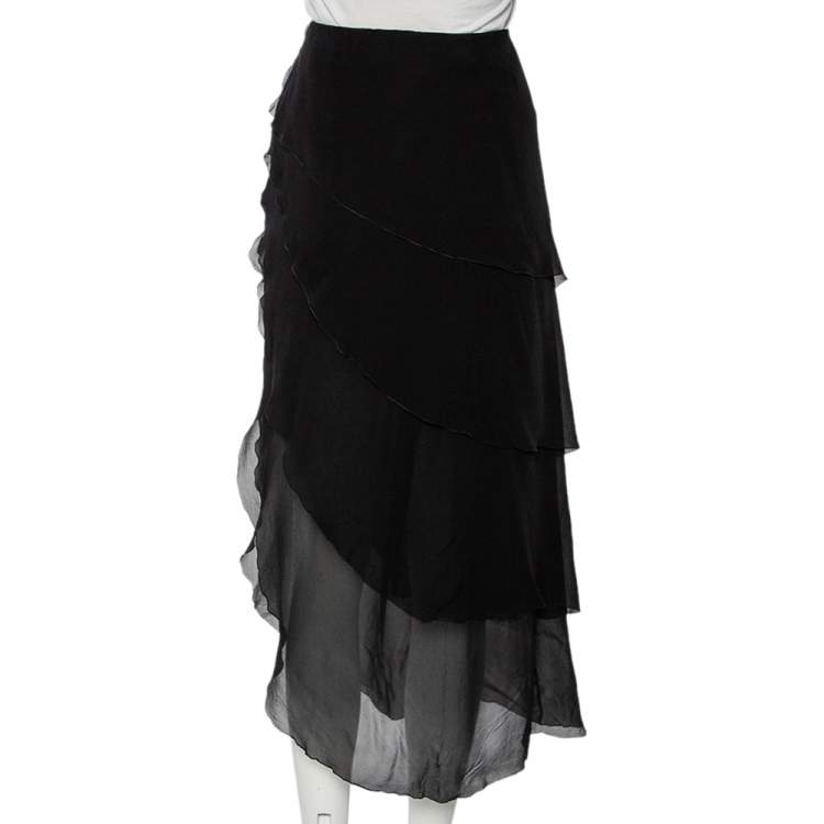 Pre Owned Chanel Black Silk Asymmetrical Tiered Midi Skirt XL