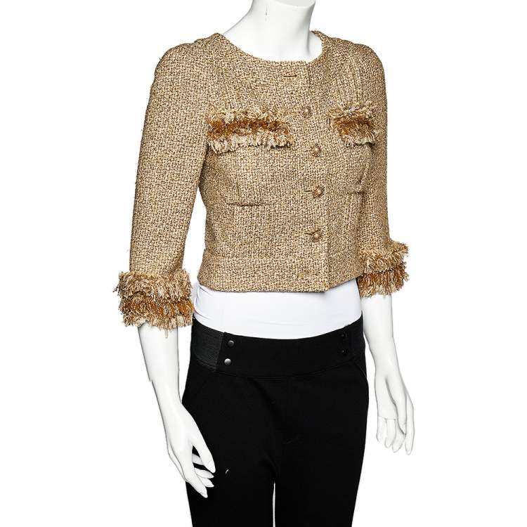 مملوكة مسبقًا Chanel Gold Lurex Tweed Fringe Detail Button Front Jacket S