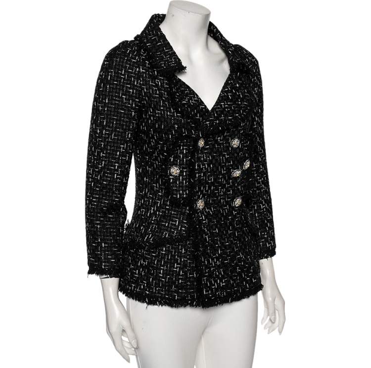 Pre Owned Chanel Black Logo Ribbon Tweed Double Breasted Blazer M