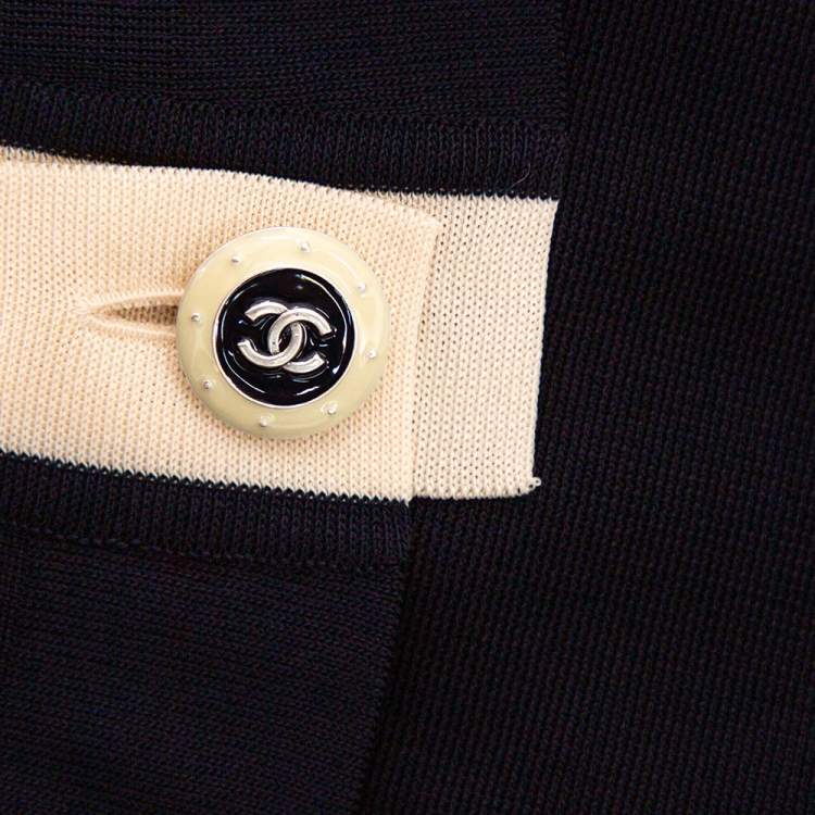 Pre Owned Chanel Navy Blue Knit Contrast Trim Detailed Front Open Cover-Up Cardigan M