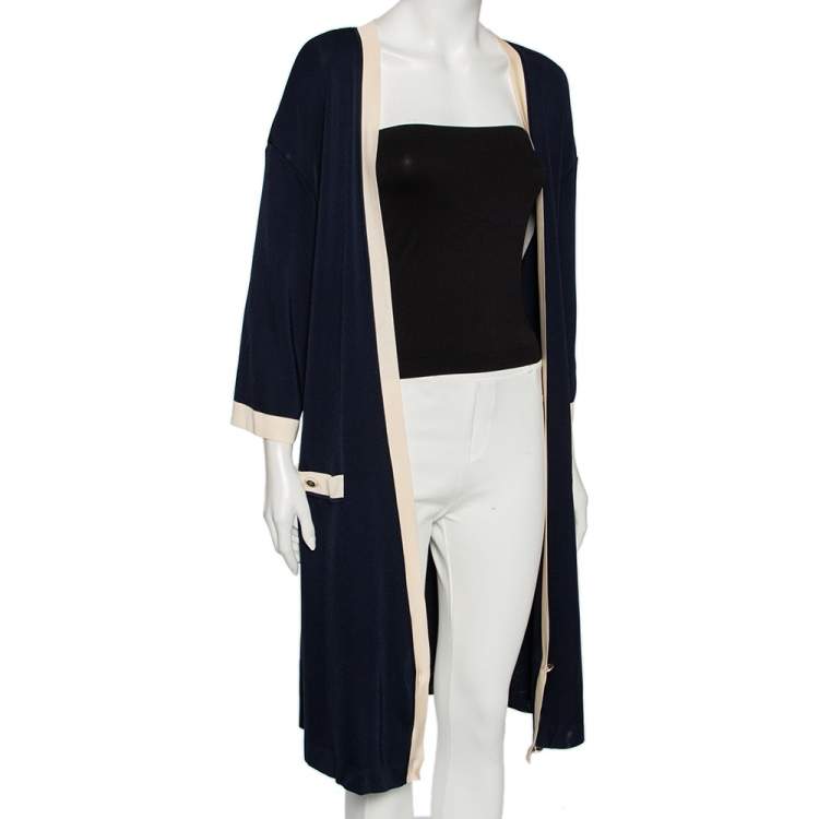 Pre Owned Chanel Navy Blue Knit Contrast Trim Detailed Front Open Cover-Up Cardigan M
