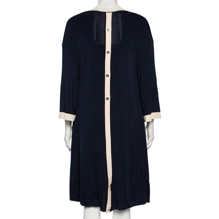 Pre Owned Chanel Navy Blue Knit Contrast Trim Detailed Front Open Cover-Up Cardigan M