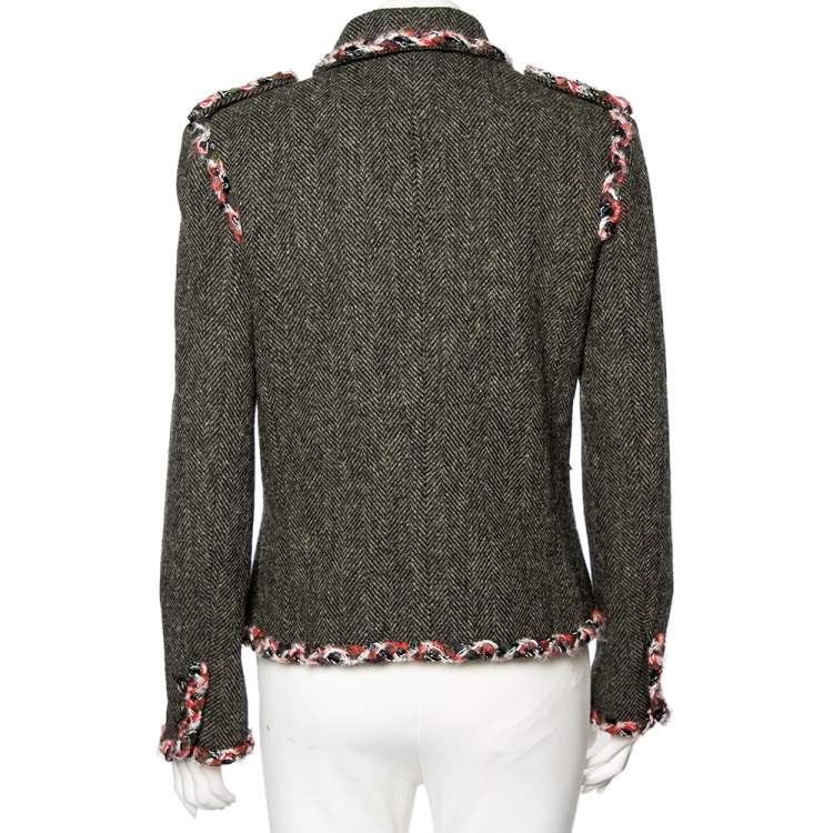 Pre Owned Chanel Grey Herring Wool Contrast Braided Trim Detailed Jacket M