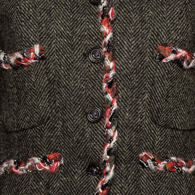 Pre Owned Chanel Grey Herring Wool Contrast Braided Trim Detailed Jacket M