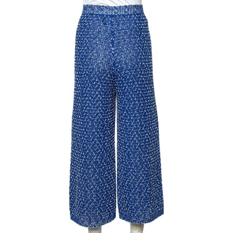 Pre Owned Chanel Blue Silk-Cotton Knit Wide Leg Pants M