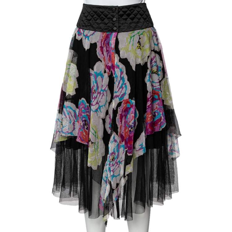 Pre Owned Chanel Black Floral Print Mesh Quilted Waist Midi Skirt M