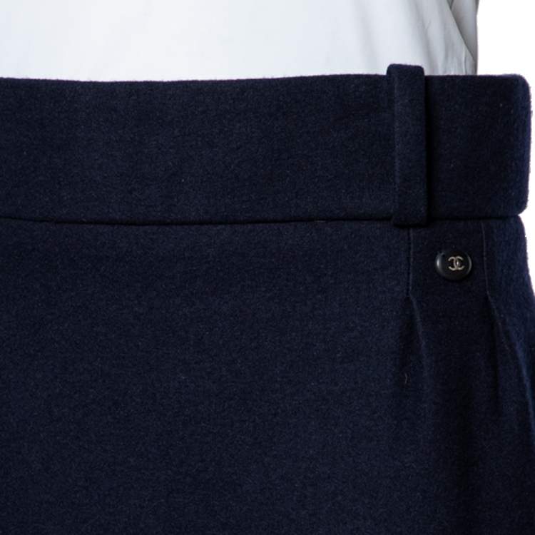 Pre Owned Chanel Navy Blue Wool And Cashmere Pleated Hem Midi Skirt M
