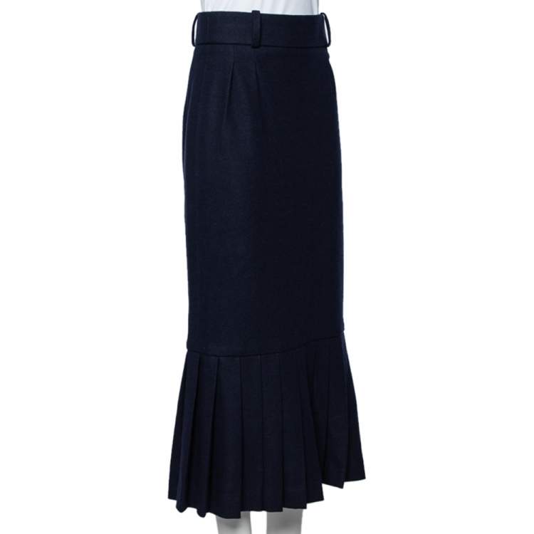 Pre Owned Chanel Navy Blue Wool And Cashmere Pleated Hem Midi Skirt M