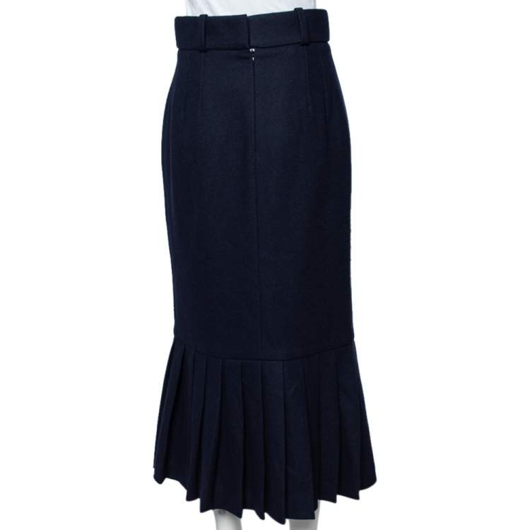 Pre Owned Chanel Navy Blue Wool And Cashmere Pleated Hem Midi Skirt M
