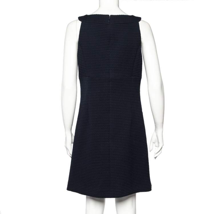 Pre Owned Chanel Navy Blue Textured Cotton Sleeveless Midi Dress L