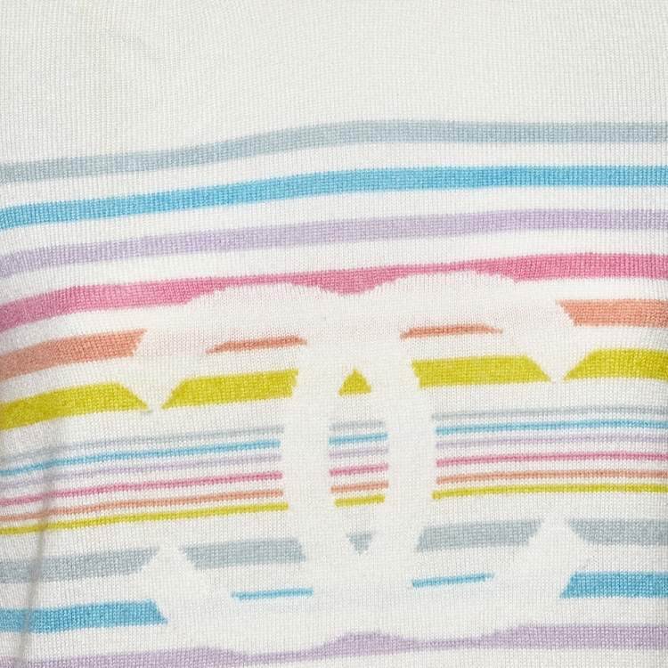 Pre Owned Chanel White Striped Cashmere Crewneck Sweater M