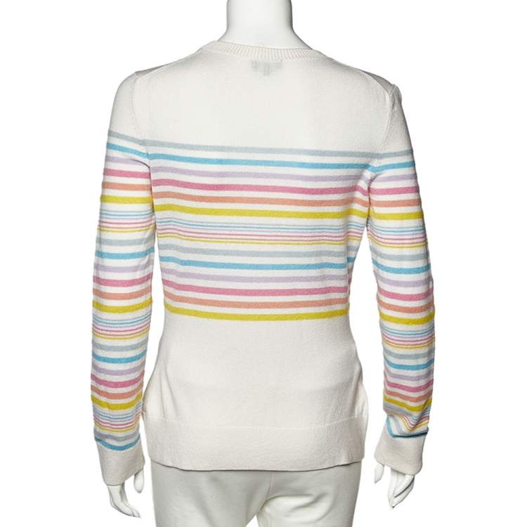 Pre Owned Chanel White Striped Cashmere Crewneck Sweater M