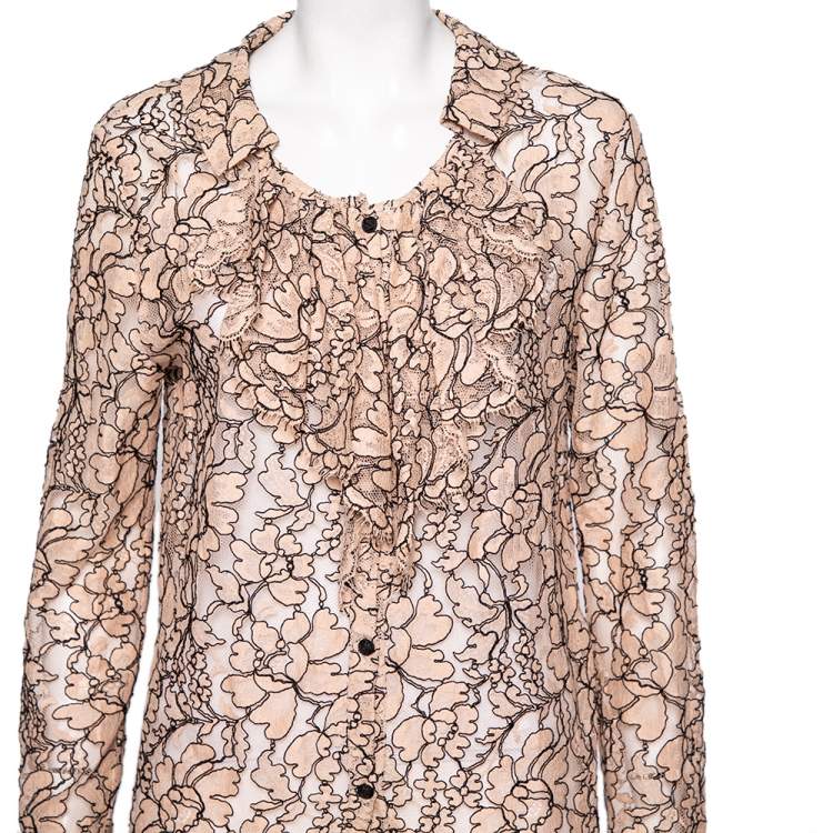Pre Owned Chanel Light Pink Floral Lace Button Front Shirt XL