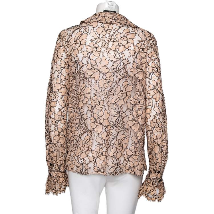 Pre Owned Chanel Light Pink Floral Lace Button Front Shirt XL