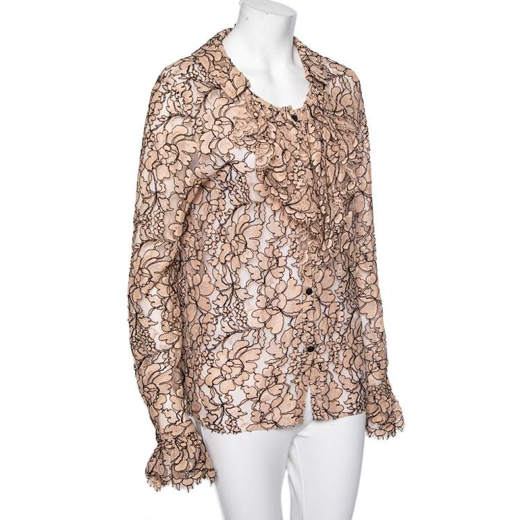 Chanel Light Pink Floral Lace Button Front Shirt XL Chanel