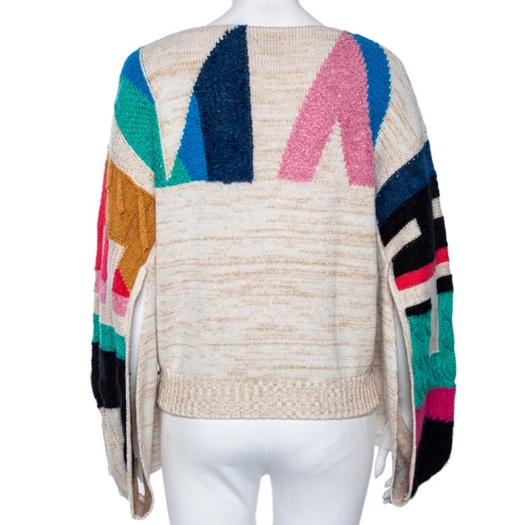 Pre Owned Chanel Multicolored Logo Intarsia Knit Cutout Sleeve Sweater M