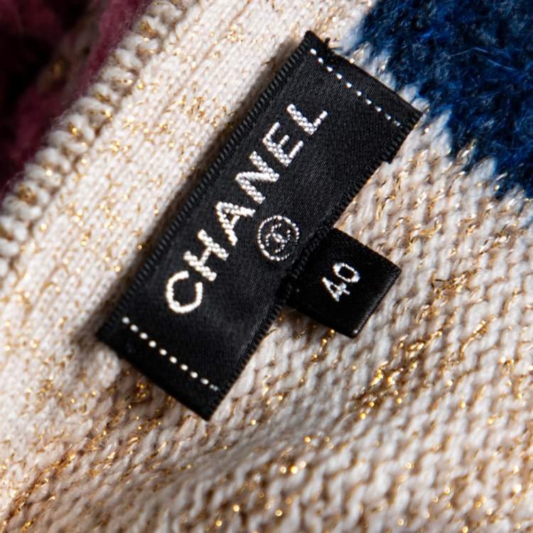 Pre Owned Chanel Multicolored Logo Intarsia Knit Cutout Sleeve Sweater M